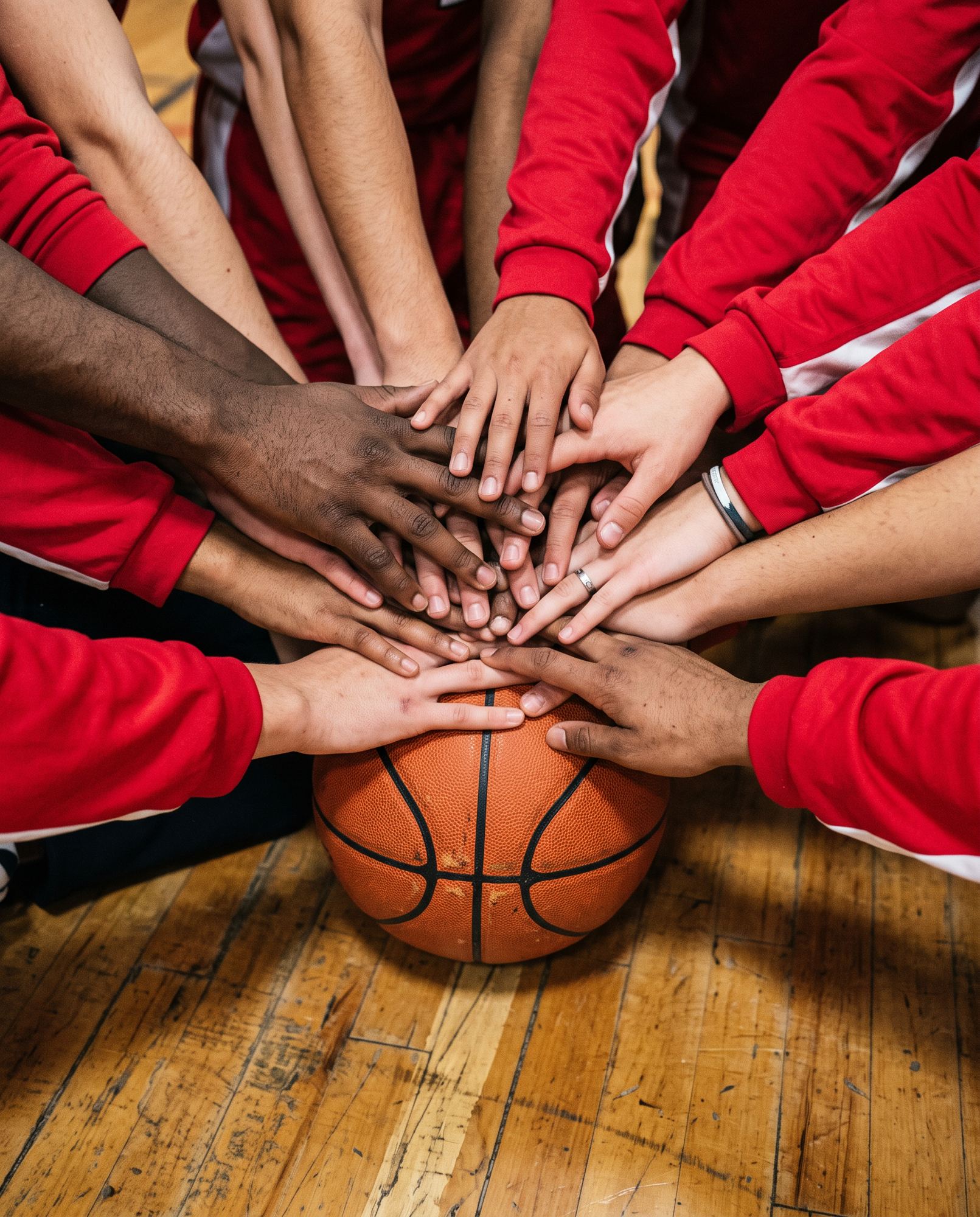 Mani unite sopra un pallone da basket
